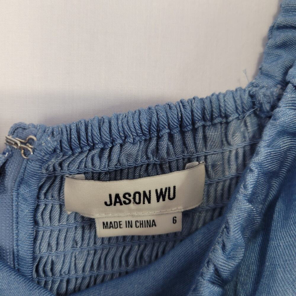 Jason Wu Linen Blend Chambray Square Neck Puff Sleeve Midi Dress size 6 Milkmaid - Picture 4 of 12